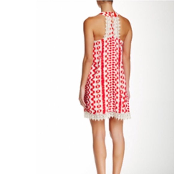 Everleigh Coral Pink White Vertical Print Lace Trimmed Trapeze Dress Medium - Picture 9 of 10
